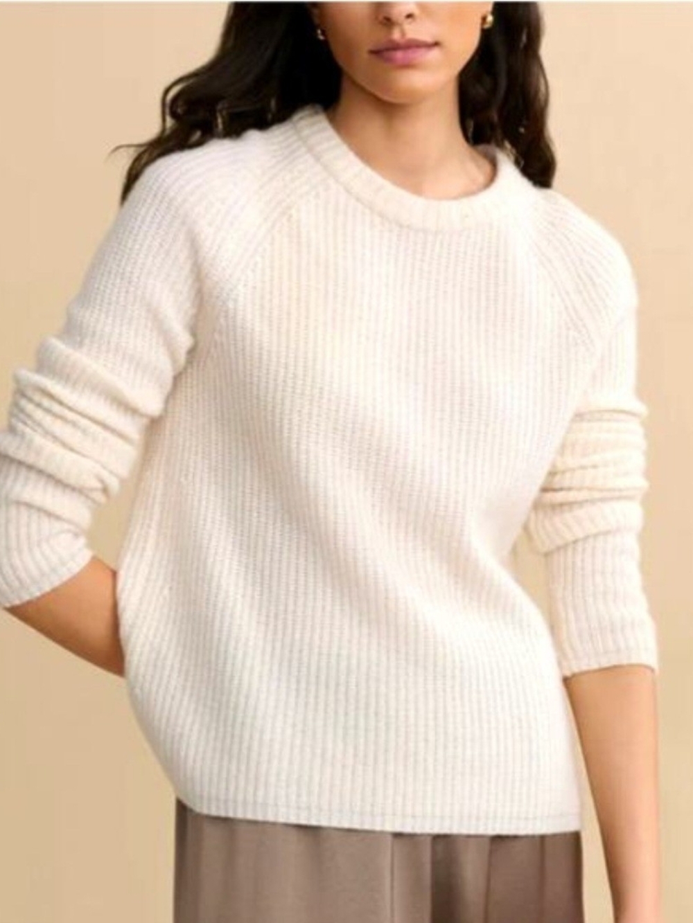 Jenni Kayne 100% Cashmere Cream Fisherman Crewneck Sweater Size L, Designer